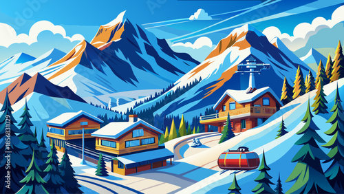 Very beautiful alpine panorama from Engelberg ski resort, featuring snow-capped peaks, cable cars, groomed slopes, and crisp mountain air under a bright blue winter sky.