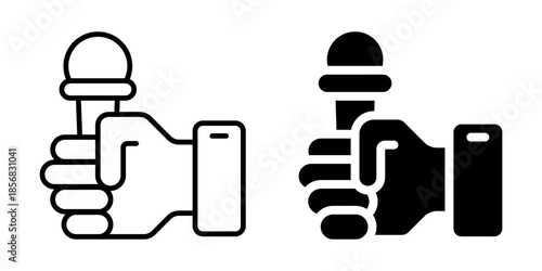 Hand holding a microphone. Linear and silhouette style.
