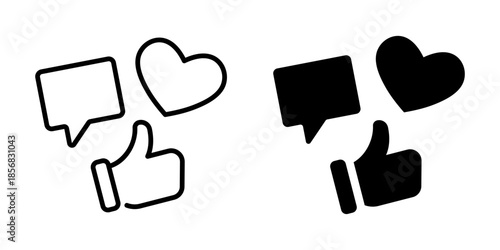 Social media icon. Symbolizing comment, like, and love. Linear and silhouette style.