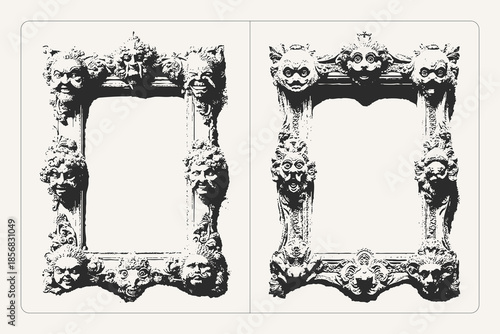 Grunge frame with antique masks vector black and white texture, perfect for posters, banners, and retro design.