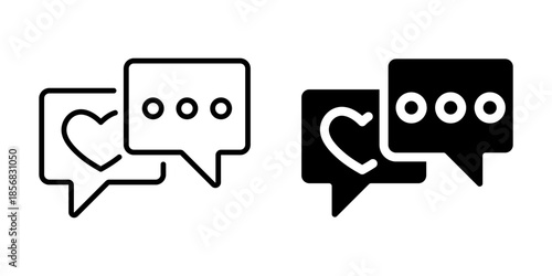 Two chat bubbles with hearts and dots. Linear and silhouette style.