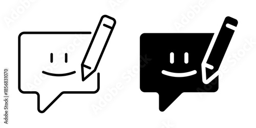Smiley face icon with pencil symbolizing feedback and writing. Linear and silhouette style.