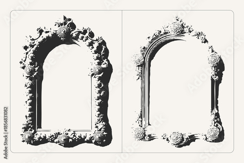Grunge black and white frame with decorative arch vector texture, perfect for posters, banners, and retro design.