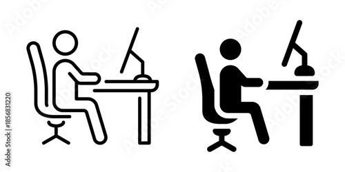 Person working at desk with lamp icon. Linear and silhouette style.