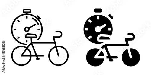 Time-based cycling icon with stopwatch and bike. Linear and silhouette style.