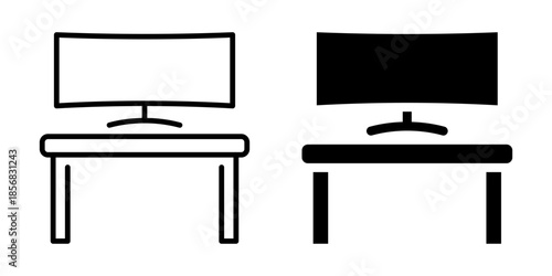 Desk with large computer monitor icon. Linear and silhouette style.