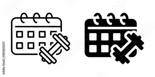 Workout schedule icon with calendar and dumbbell. Linear and silhouette style.