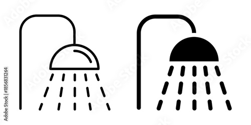 Shower icon with water stream symbol. Linear and silhouette style.