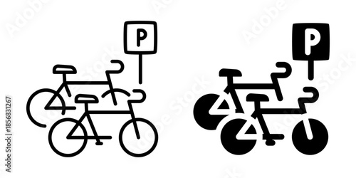 Bicycle parking zone icon with signage. Linear and silhouette style.