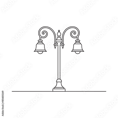 Elegant black and white line drawing of a vintage street lamp post