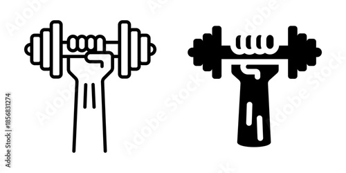 Fitness icon of hand holding dumbbell. Linear and silhouette style.