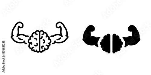 Strong mind concept icon with brain and muscles. Linear and silhouette style.