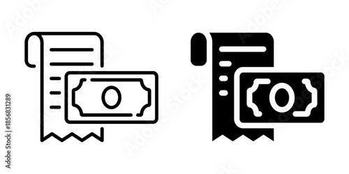 Receipt and cash icon representing payment or purchase. Linear and silhouette style.