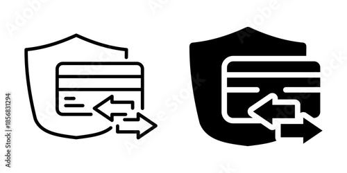 Secure online payment icon with credit card and arrows. Linear and silhouette style.
