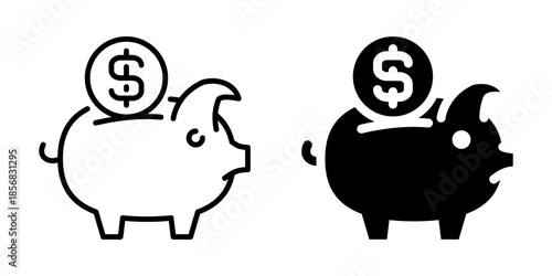 Piggy bank icon with dollar coin for savings. Linear and silhouette style.