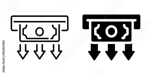 ATM cash withdrawal icon with money and arrows. Linear and silhouette style.