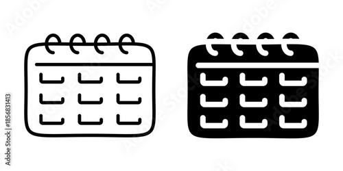 Calendar icon with spiral binding and date grid. Linear and silhouette style.