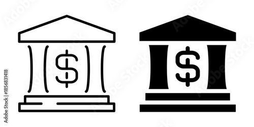 Bank building icon with dollar symbol. Linear and silhouette style.