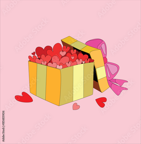 Decorative Box With Hearts And Ribbon, Romantic Gift Box Overflowing With Tiny Hearts And Pastel Colors