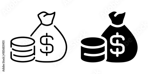 Money bag and coin stack icon. Linear and silhouette style.