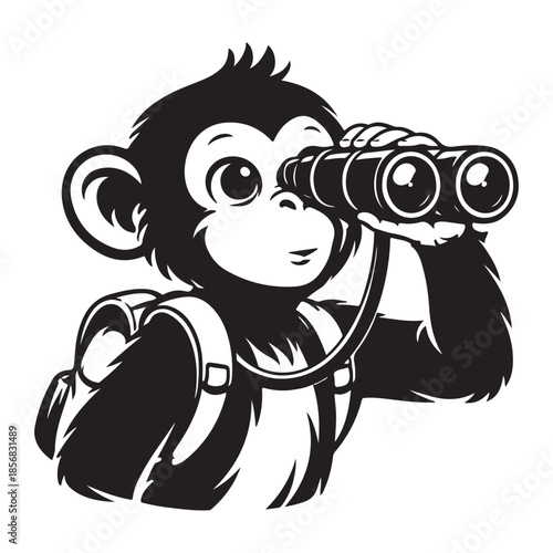 Curious monkey exploring world with binoculars and backpack adventure