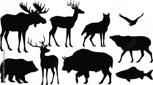 Wilderness Icons: A Collection of North American Wildlife, Large Mammals: Moose, Bison, Bear, and Elk/Deer., silhouette, illustration, vector.