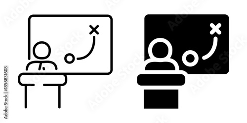 Teacher explaining strategy or plan icon. Line and silhouette icon.