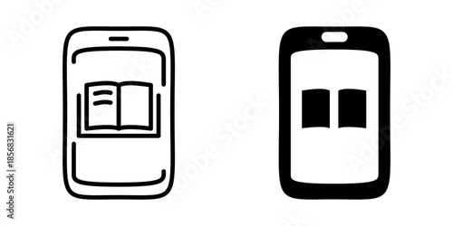 Mobile device with eBook icon. Line and silhouette icon.