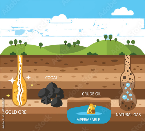 An infographic depicting a geological deposit formation of gold ore, coal, crude oil, and natural gas in layers beneath the earth's surface. Perfect for education, geology, and scientific