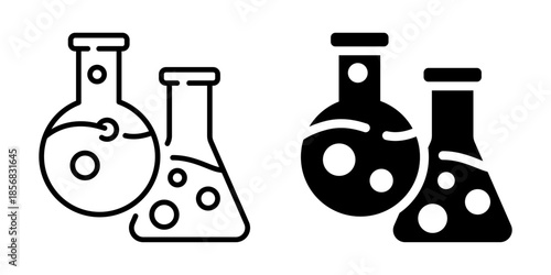 Laboratory flasks with chemicals icon. Line and silhouette icon.