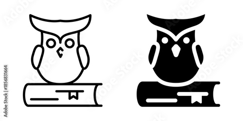 Owl with book symbolizing wisdom and learning. Line and silhouette icon.