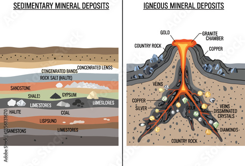 Geological formations of sedimentary and igneous mineral deposits, illustrating scientific geology and mineral resources. Perfect for education, geology lectures, and scientific