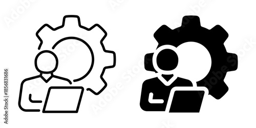 Engineer working with technology and gears icon. Line and silhouette icon.