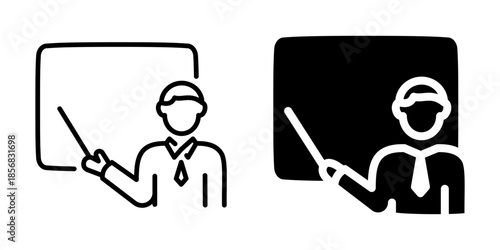 Teacher with chalkboard education icon. Line and silhouette icon.