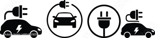 Electric vehicle and charging icons set, plug and car symbols, black circular designs for UI - flat vector illustration