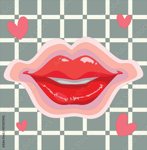 Shiny Red Lips With Hearts, Bright Red Lips With Shiny Surface And Scattered Tiny Hearts For Promotion