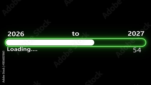 New year 2027 loading bar animation, Loading bar from 2026 to 2027 new year transfer animation. Almost reaching New Year on black background. Welcoming the happy new year 2027. 2026, 2027, 