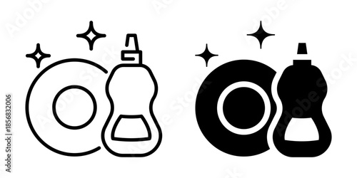 Clean dish with soap bottle icon. Line and silhouette style.