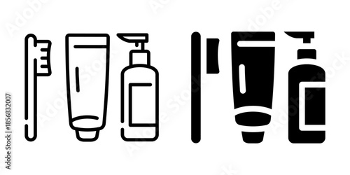 Toothbrush, toothpaste and bottle icon. Line and silhouette style.