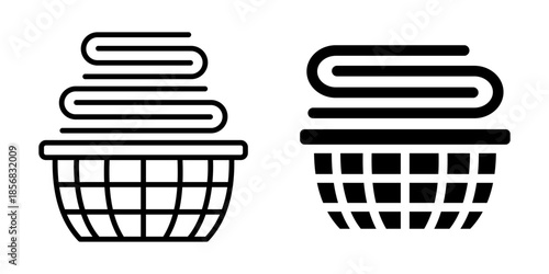 Laundry basket with folded towel icon. Line and silhouette style.