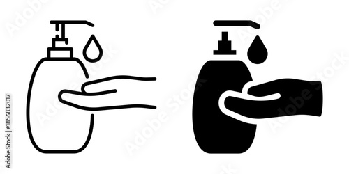 Hand with liquid soap dispenser icon. Line and silhouette style.
