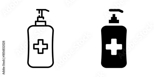 Sanitizer bottle with cross icon. Line and silhouette style.