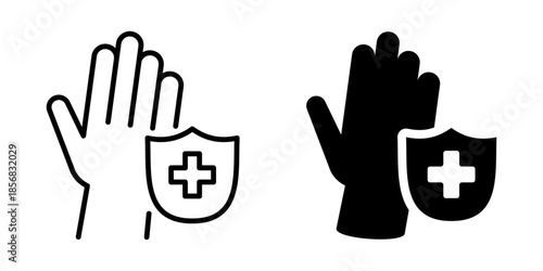 Protective glove with medical shield icon. Line and silhouette style.
