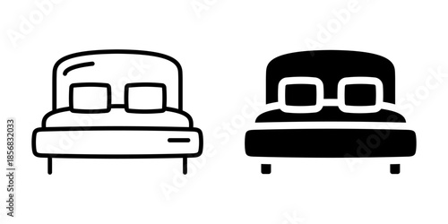 Double bed with pillows icon. Line and silhouette style.