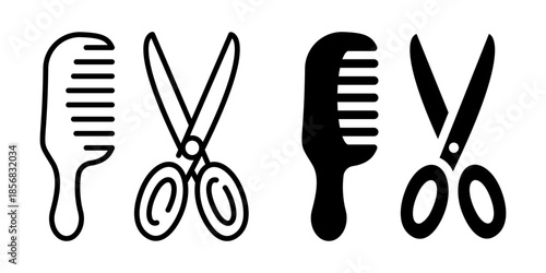 Scissors and comb for haircut. Line and silhouette style.
