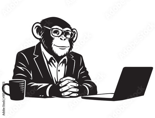 Smart monkey working at desk with laptop and coffee cup