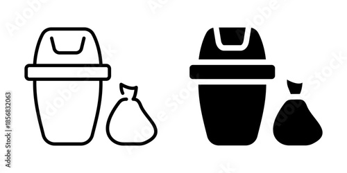 Trash bin and garbage bag. Line and silhouette style.