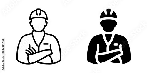 Injured construction worker icon. Line and silhouette style.
