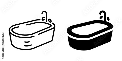 Bathtub icon with faucet. Line and silhouette style.