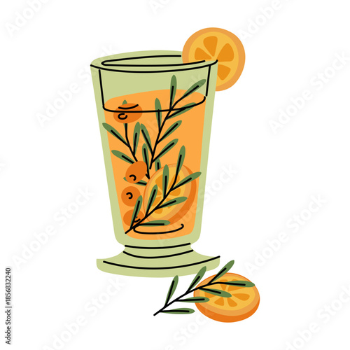 Flat contour glass of sea buckthorn tea with rosemary and orange slice. A colored glass. Healthy winter drink for cafe menus, festive greeting cards, or seasonal culinary graphic design